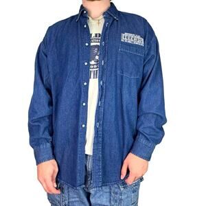 Vintage 90s Embroidered Blue Denim Button Up Shirt Size XL